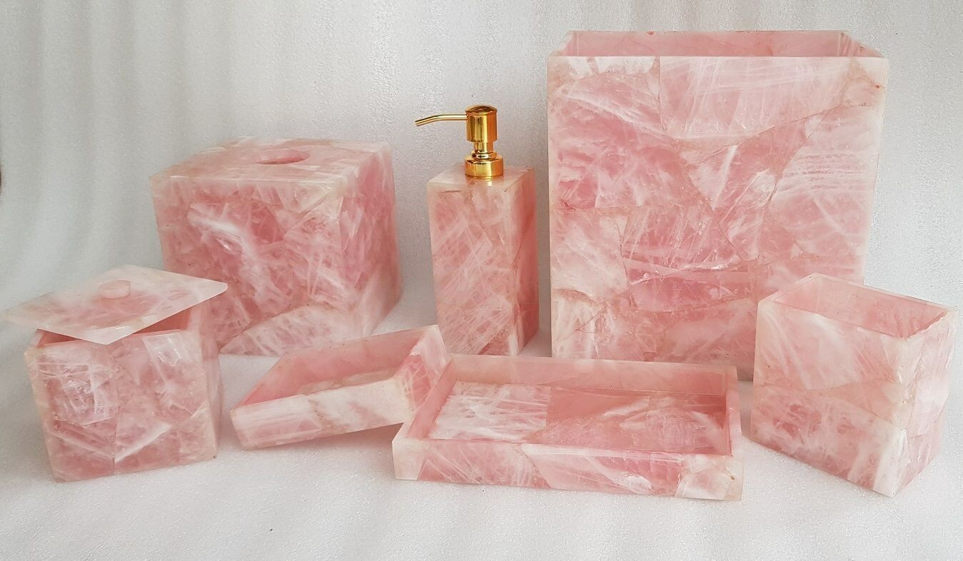 Rose Quartz Stone Top Bathroom Set, Luxury Bath Interior Items, Set Of 7 Pcs Dec