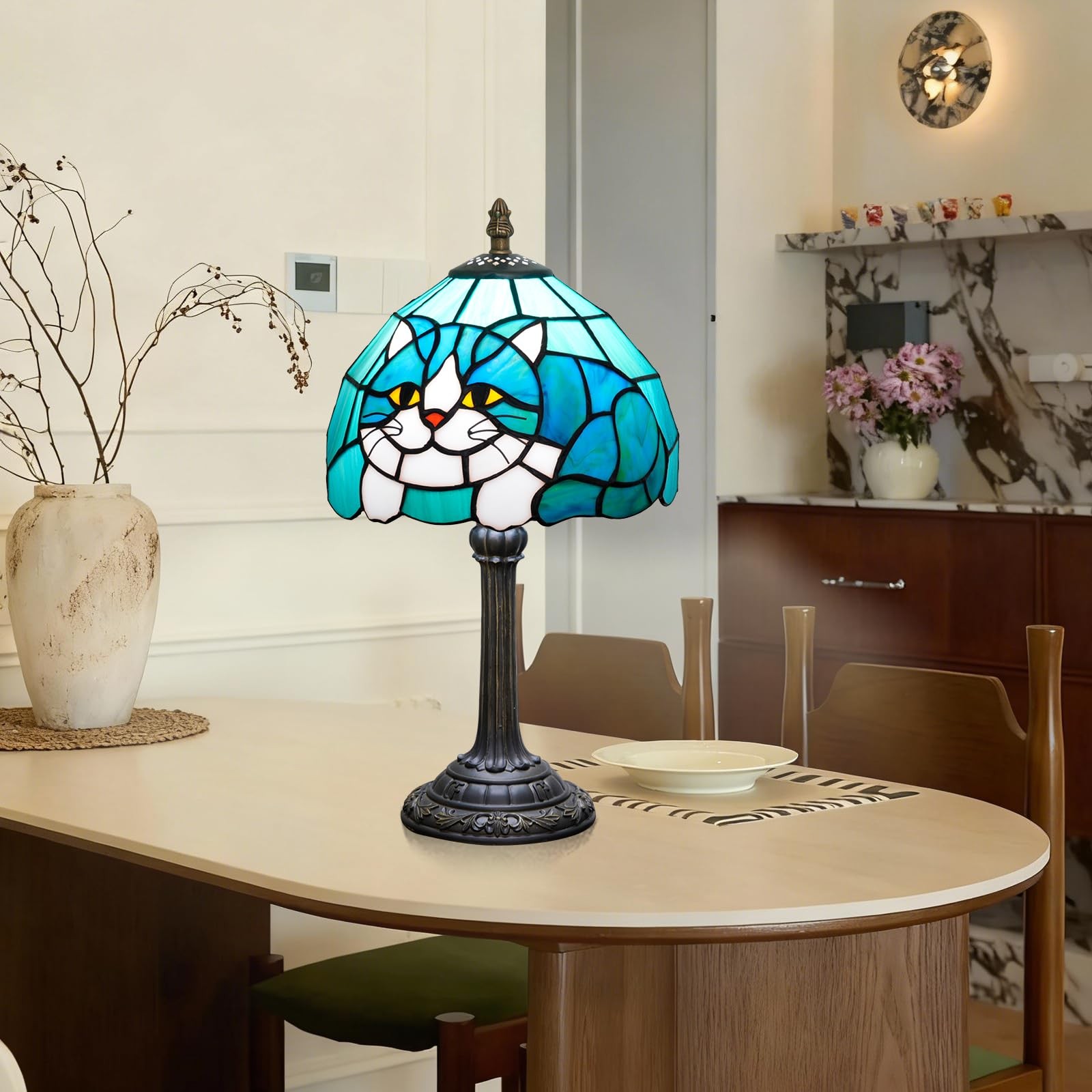 Tiffany Lamp Stained Glass Table Lamp 8X8X14 Inches Cat Style Living Room Bed...