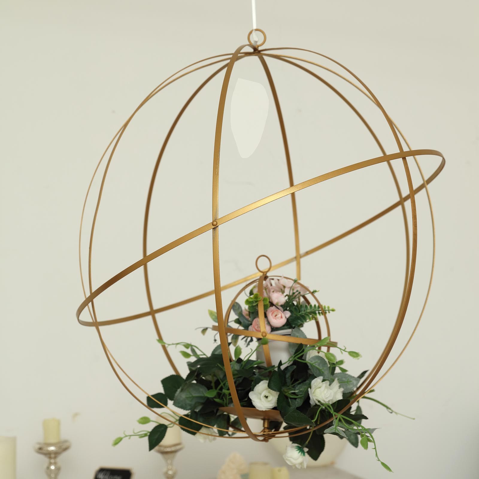 19-Inch Gold Globe Ring Hanging Candle Holder Centerpiece Wedding Decorations