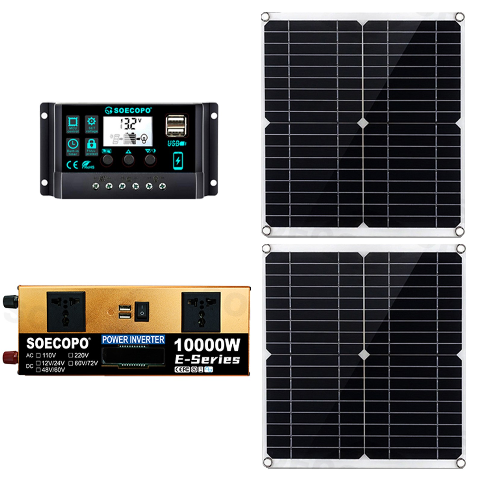 Off-Grid Solar Kit 10000W Sine Wave Inverter +2pcs Solar Panels+100A Controller