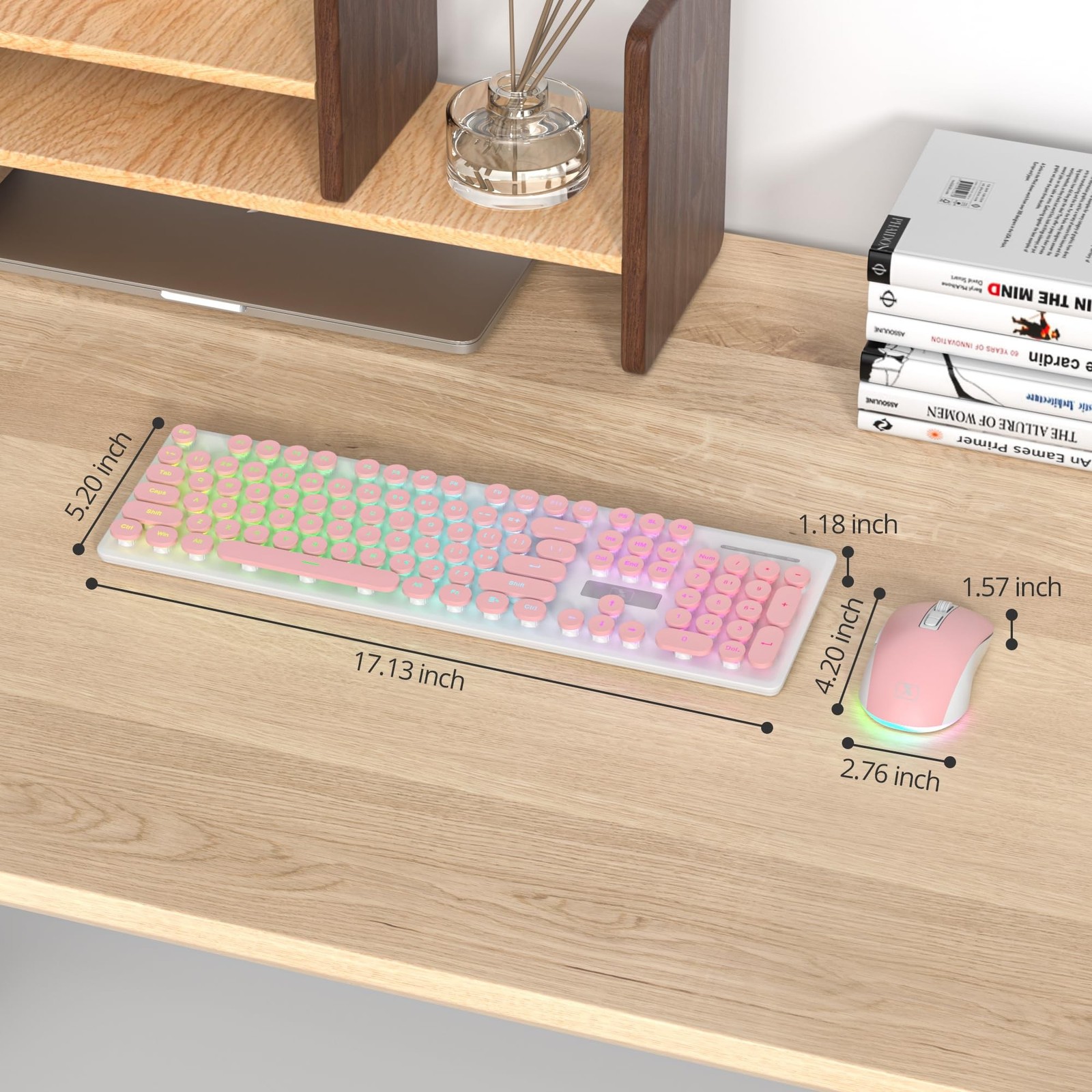 Backlit Pink Keyboard and Mouse Wireless, 2.4GHz Light Up Typewriter Recharge...