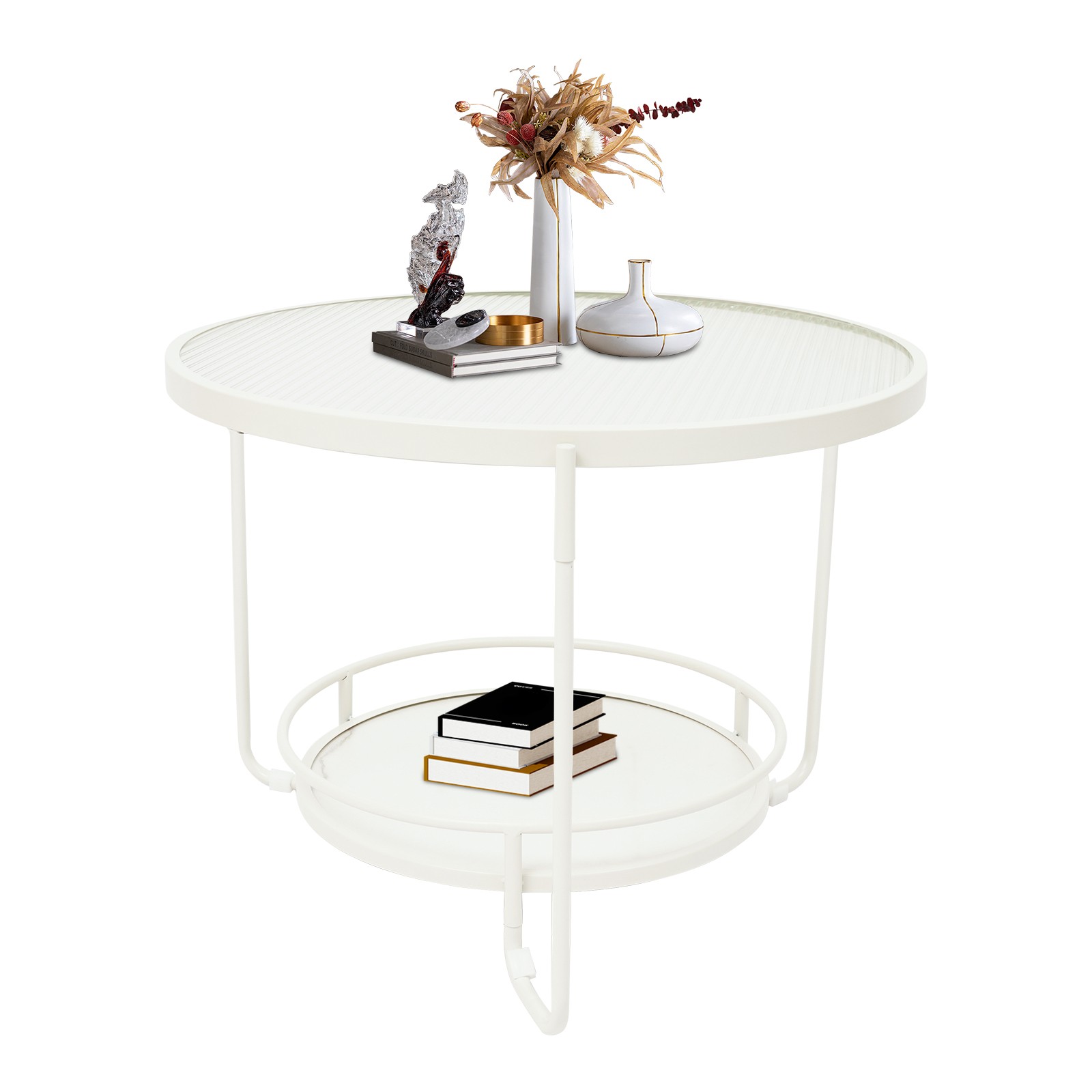 2-tier Modern Side Table Round End Table Tempered Glass Coffee Table 60cm dia.