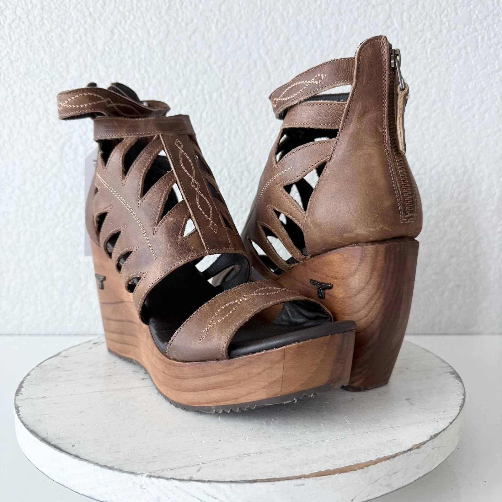 NEW Lane Boots BECCA Womens Brown Wedges 7.5 Western Sandals Cowgirl Wooden Heel