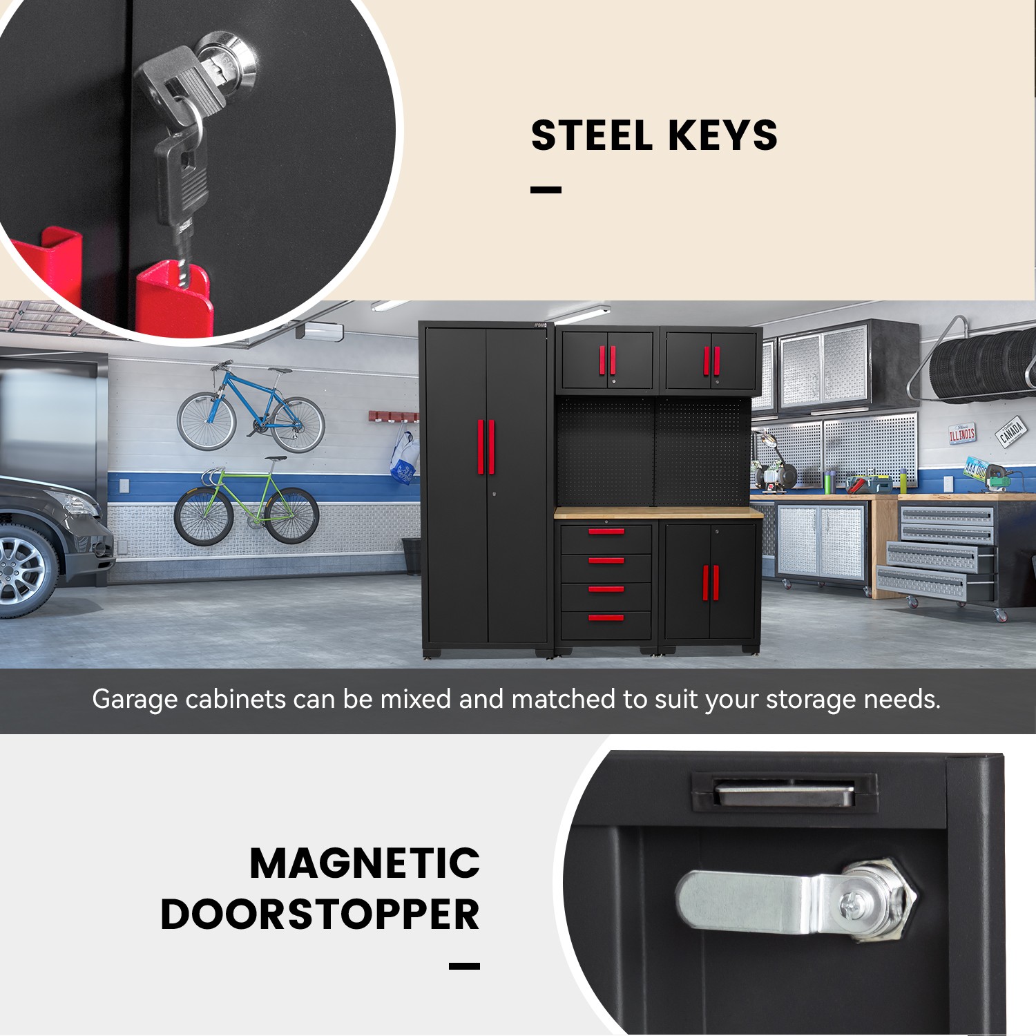 Garage Storage Cabinet System -Corner Cabinet,Cabinet Drawers,Workbench,Pegboard