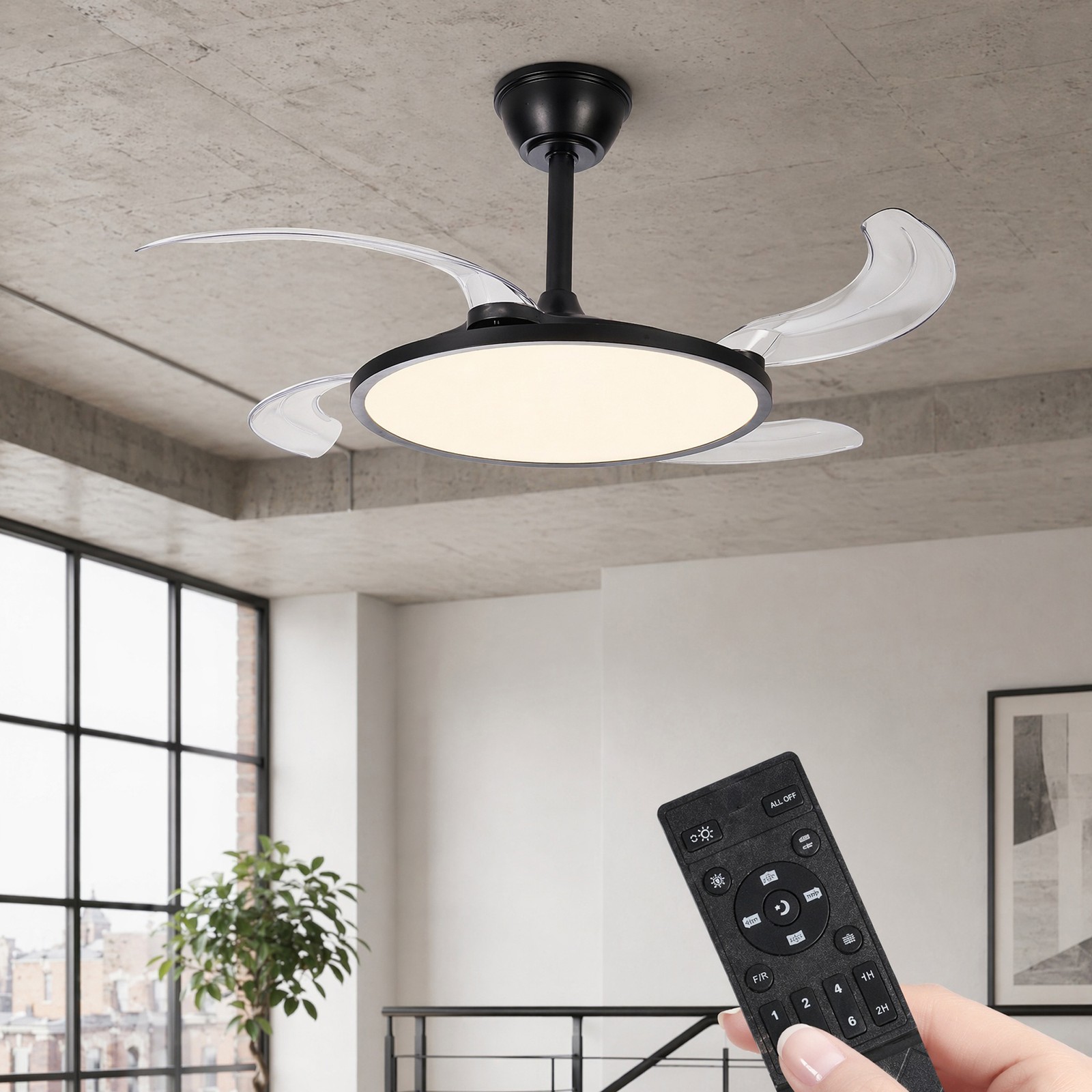 42 inch Black Low Profile Retractable LED Ceiling Fan Remote Control with Light