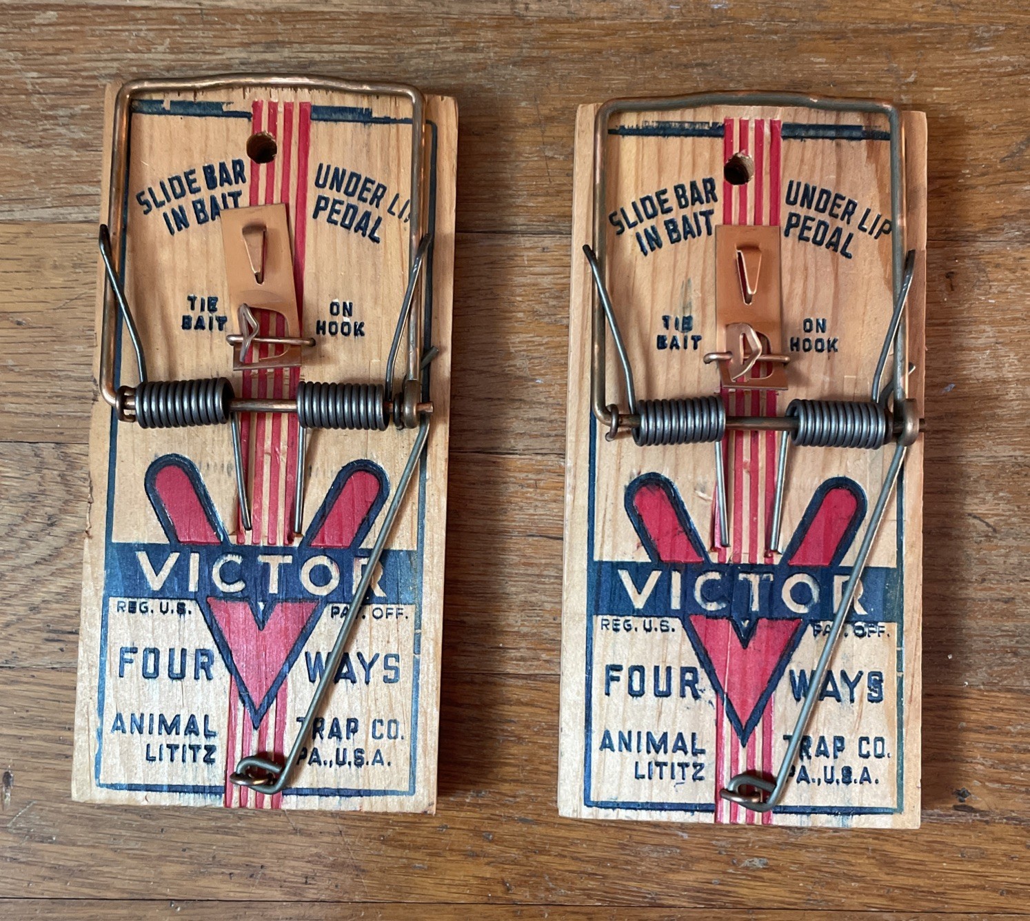 2 Vintage Victor Four Ways Rat Traps Wood Spring Snap New Old Stock