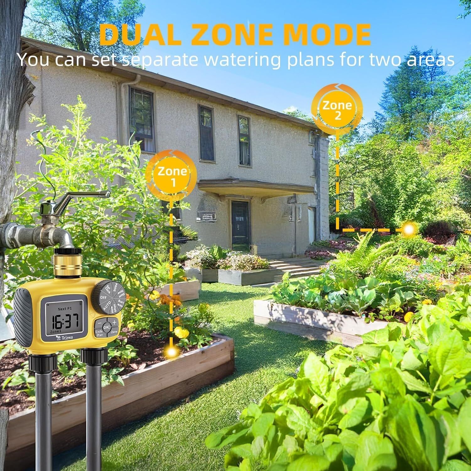Hose Timer 2 Outlet,2 Zone Programmable Sprinkler Timer with Rain Delay&Manual,w