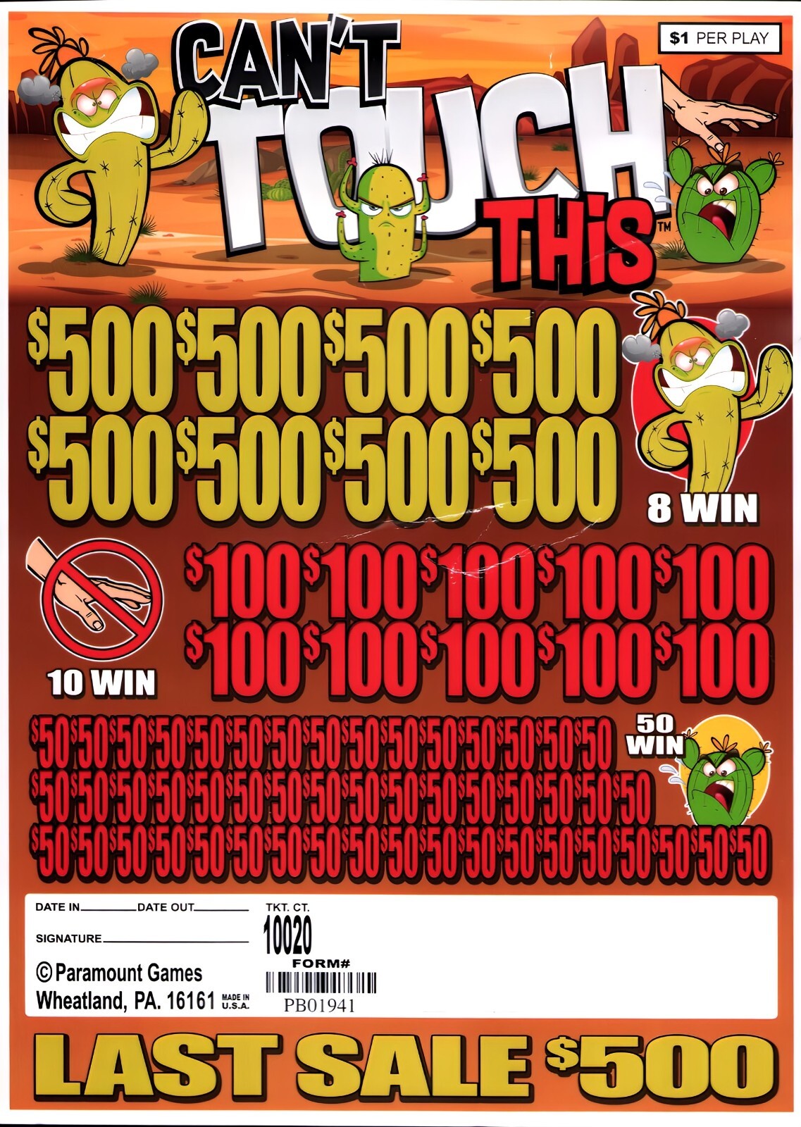 Pull Tab Ticket - Jar - Game - Can't Touch This - 10,020 ct