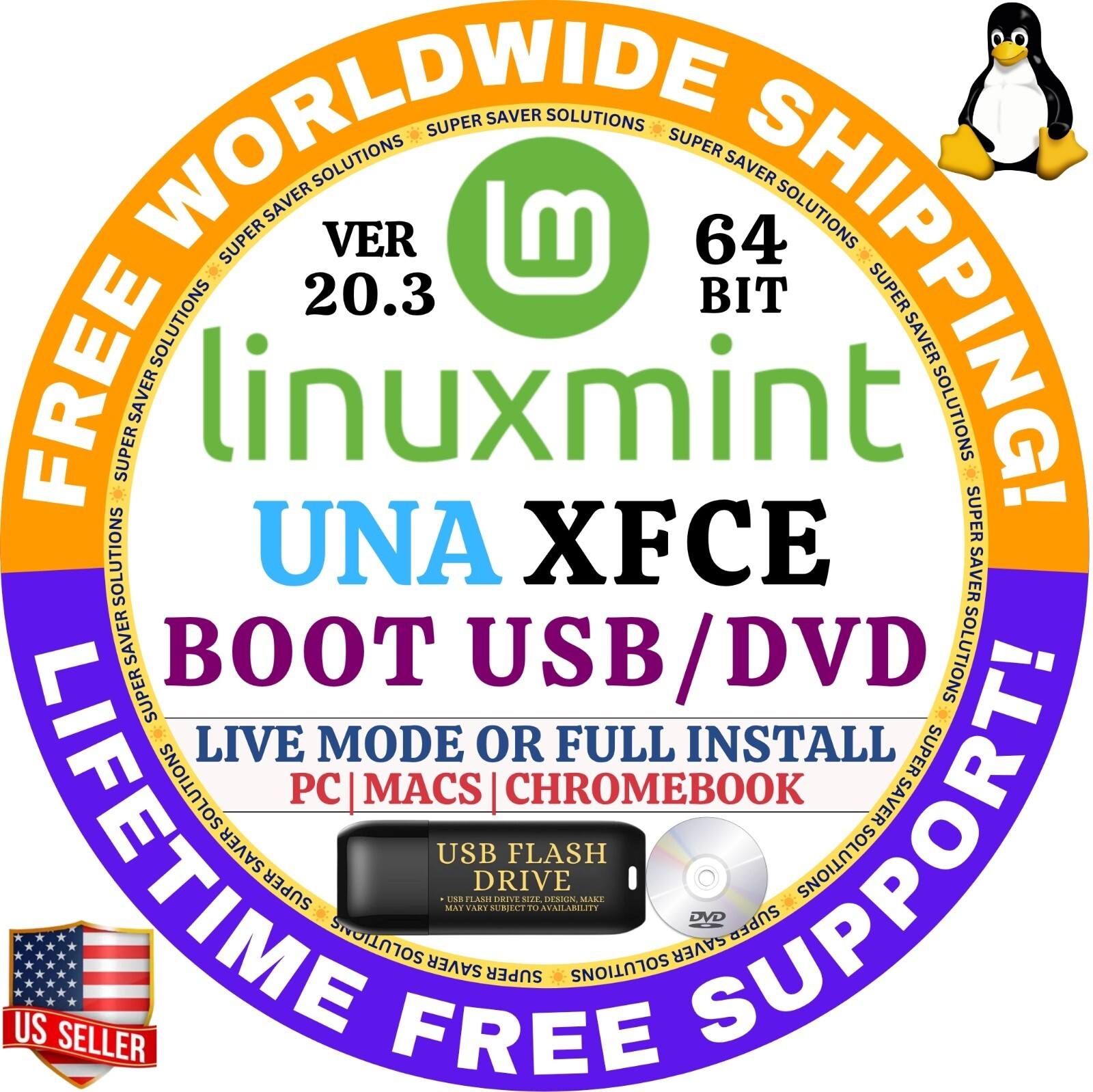 Linux MINT 20.3 USB UNA XFCE 64-Bit Live Boot, Full Install MAC, PC