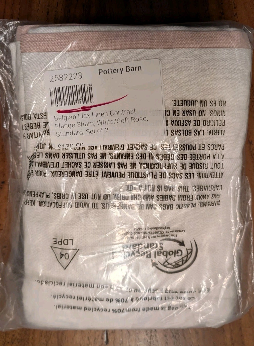 POTTERY BARN S/2 Belgian Flax Linen Contrast Flange Std Shams-Sotf Rose-NWT