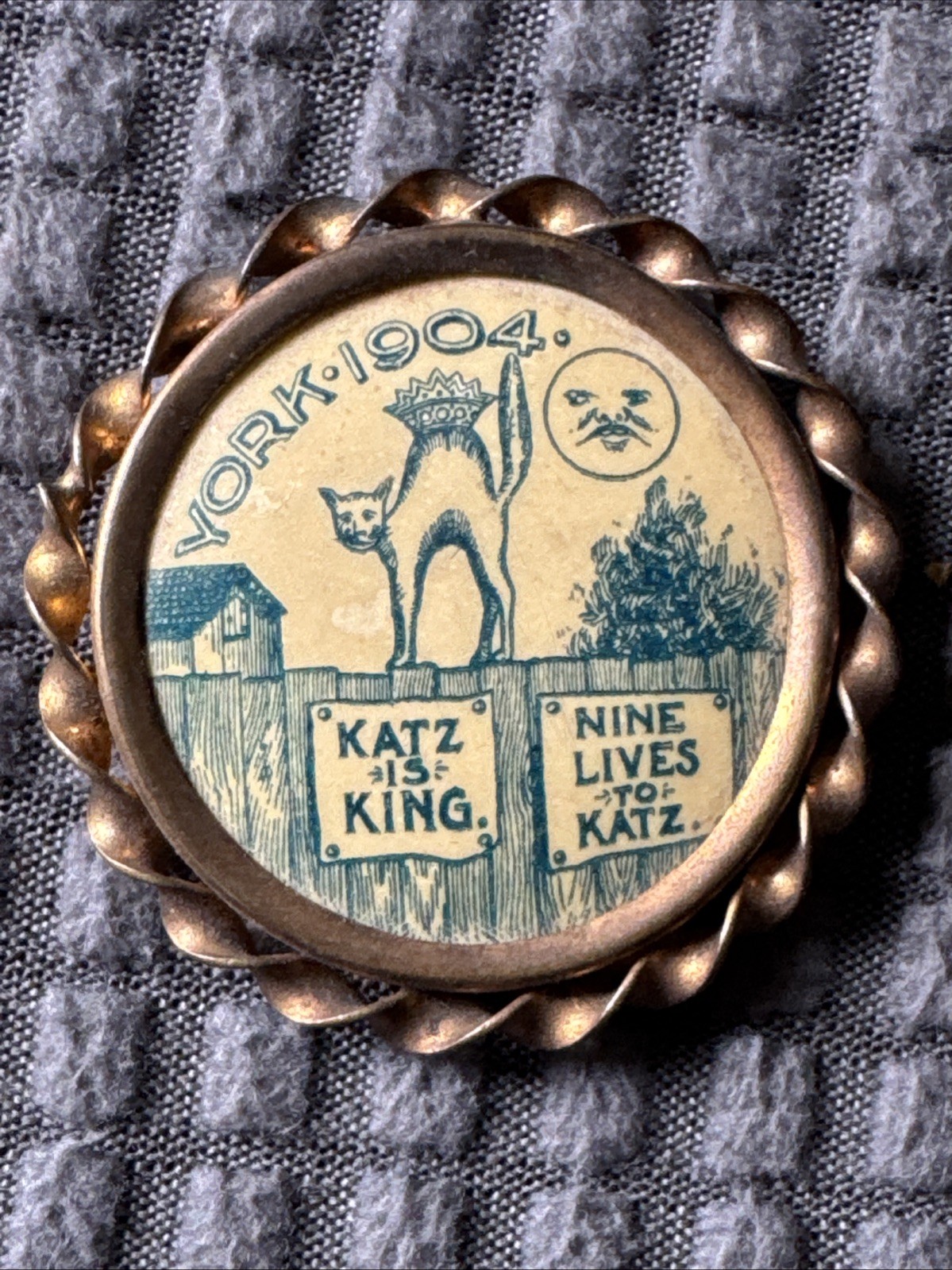 Antique Celluloid Pin-Political-York, Pa-1904-Katz Is King-Nine Lives To Katz