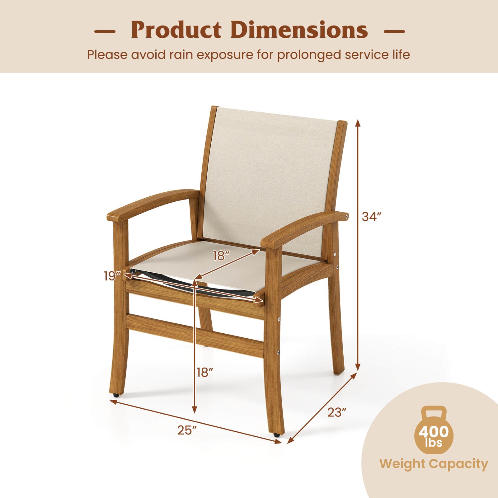 2 PCS Outdoor Dining Chairs Acacia Wood Patio Chairs w/Breathable Fabric Seat