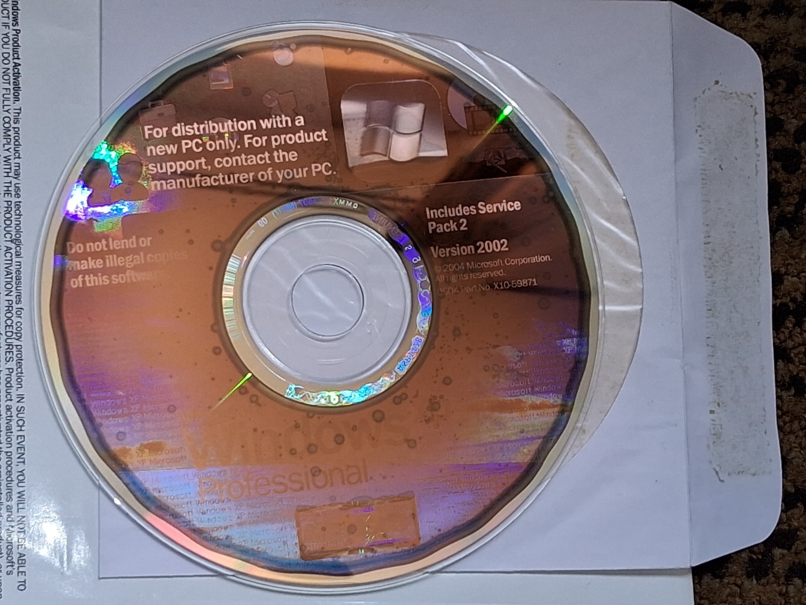Microsoft Windows XP Pro OEM CD Service Pack 2 Version 2002 X10-59871, NO KEY