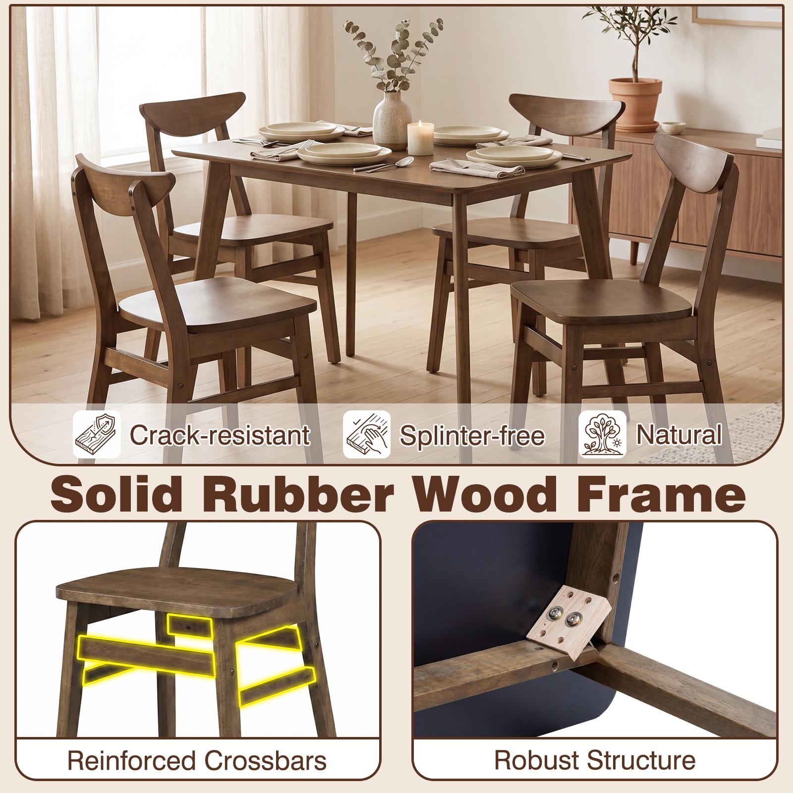 5PCS Solid Wood Dining Table Set, Mid Century Kitchen Table and Chairs Set for 4