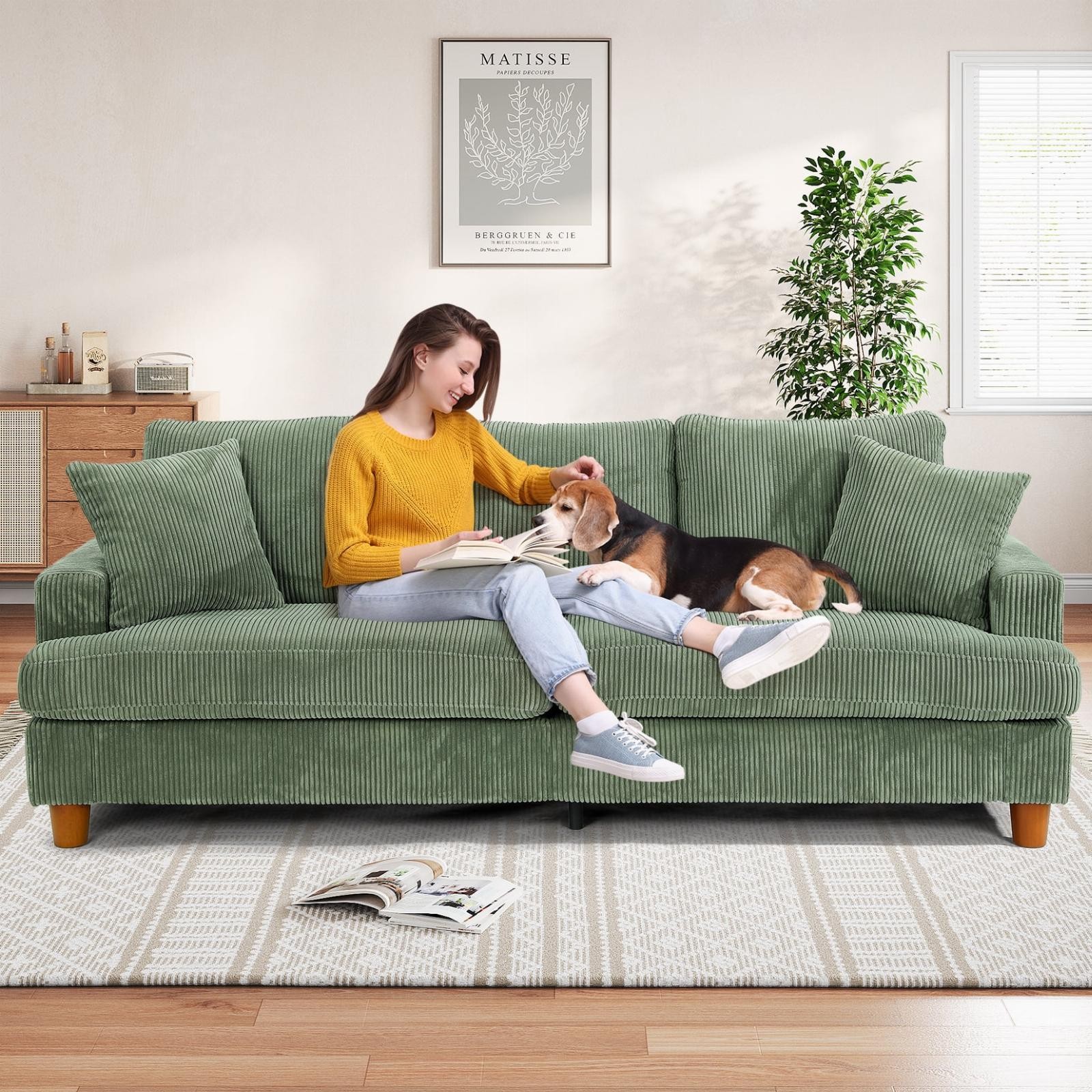 3 Seater Sofa Extra Deep Seats Corduroy Upholstered Couch For Living Room