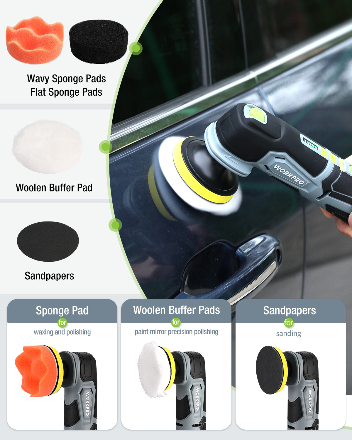 WORKPRO 12V Cordless Mini Buffer Polisher Kit 600-3000RPM 5 Variable Speed w/Bag