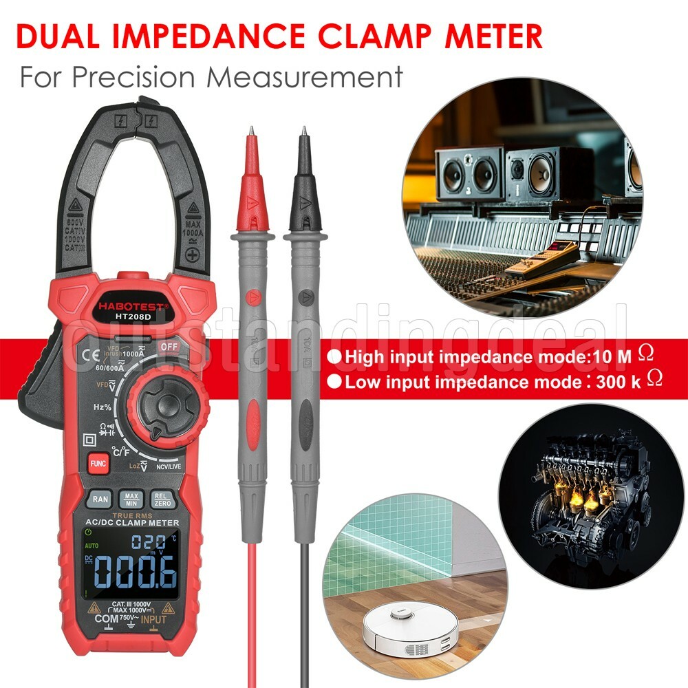 HT208D AC/DC Clamp Meter 1000V Digital Clamp Multimeter TRUE RMS Tests ot25