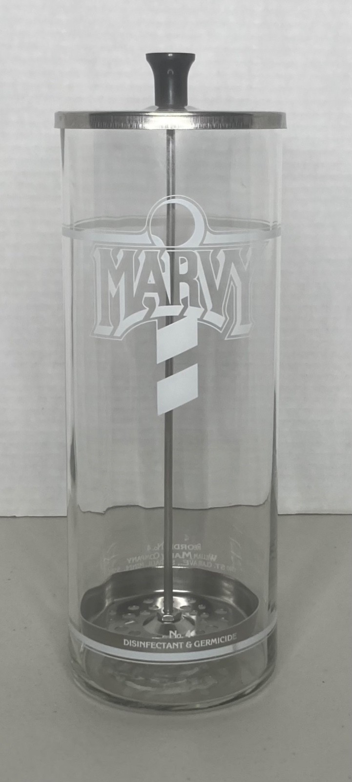VTG Marvy Barber Shop No. 4 Tall Glass Disinfectant & Germicide Sanitizer Jar