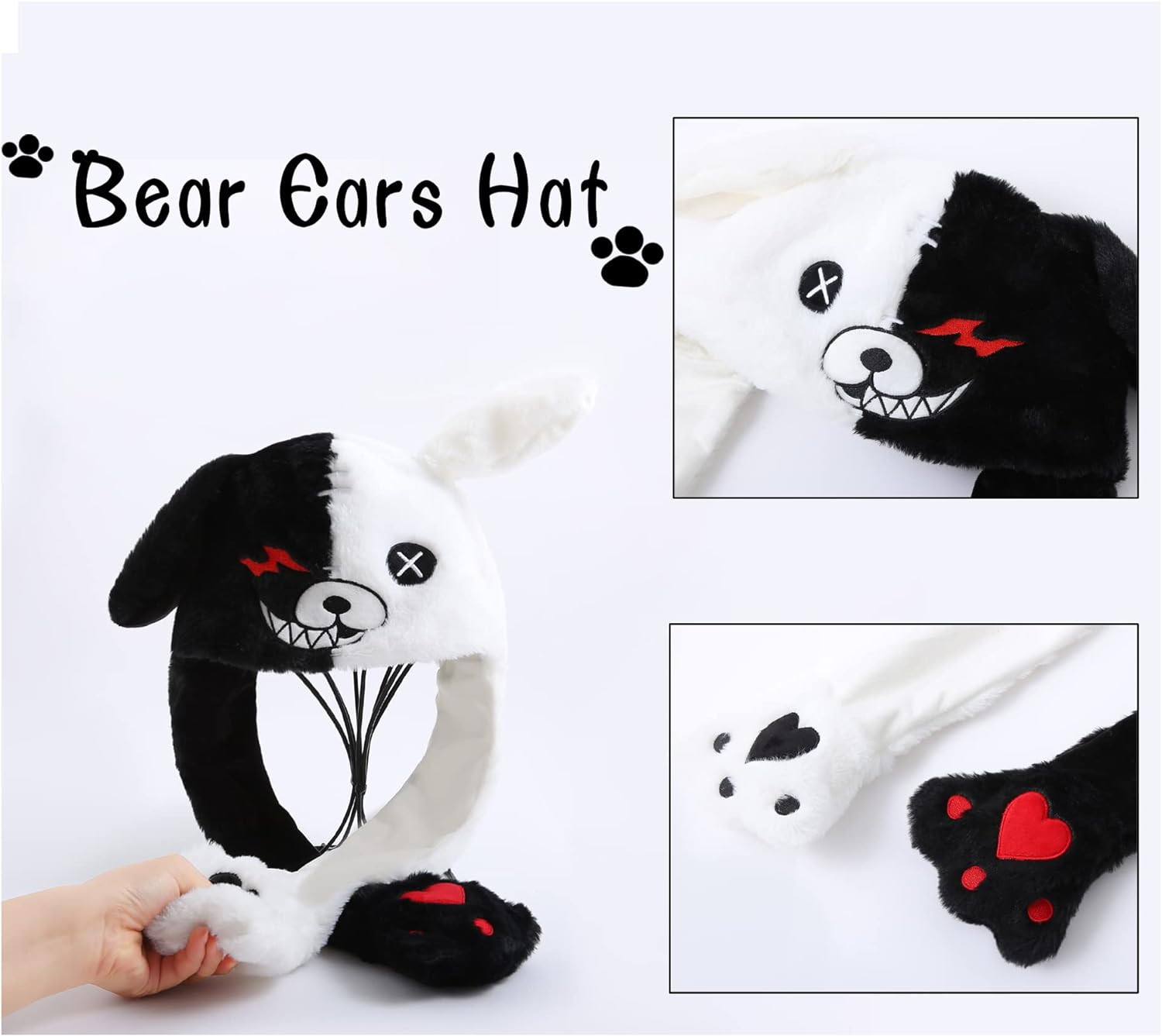 Black White Bear Hat Moving Ears,Pressing Jumping Hat Cap Paws Will Make Ears Mo