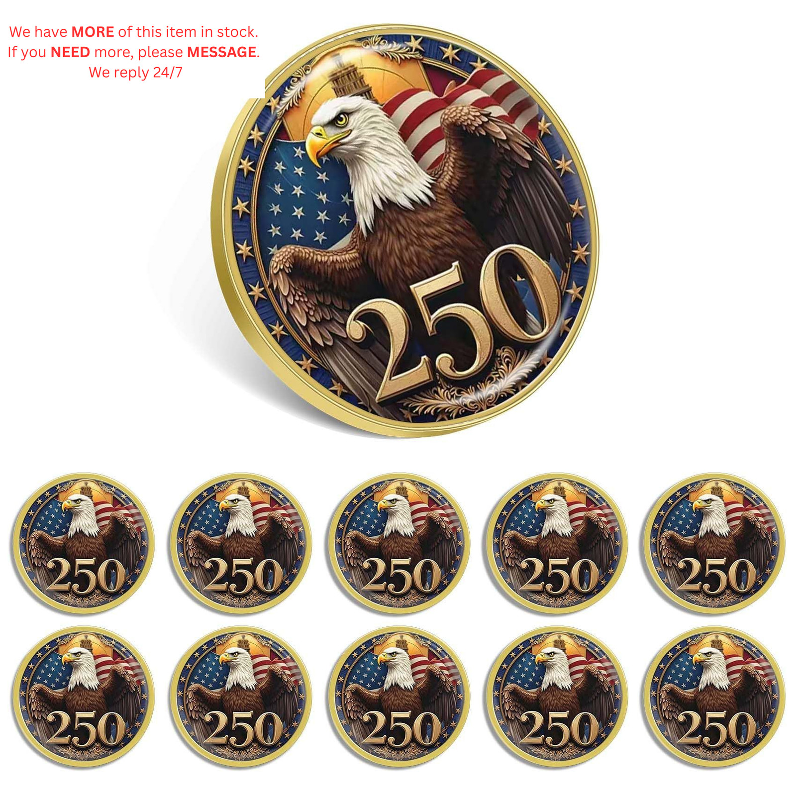 10Pcs 250 Anniversary USA Lapel Pin 1.2inch US Patriot 1.2 inches, 10-Pack