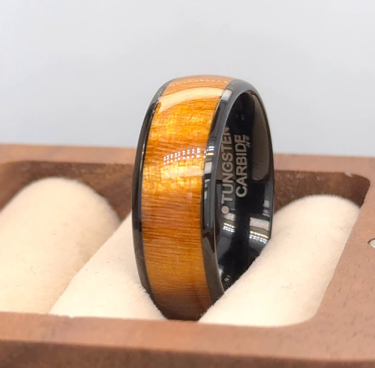 Dyed Caramel Wood Design Band Black Tungsten Comfort Fit Ring Hubby-Wifey Gifts