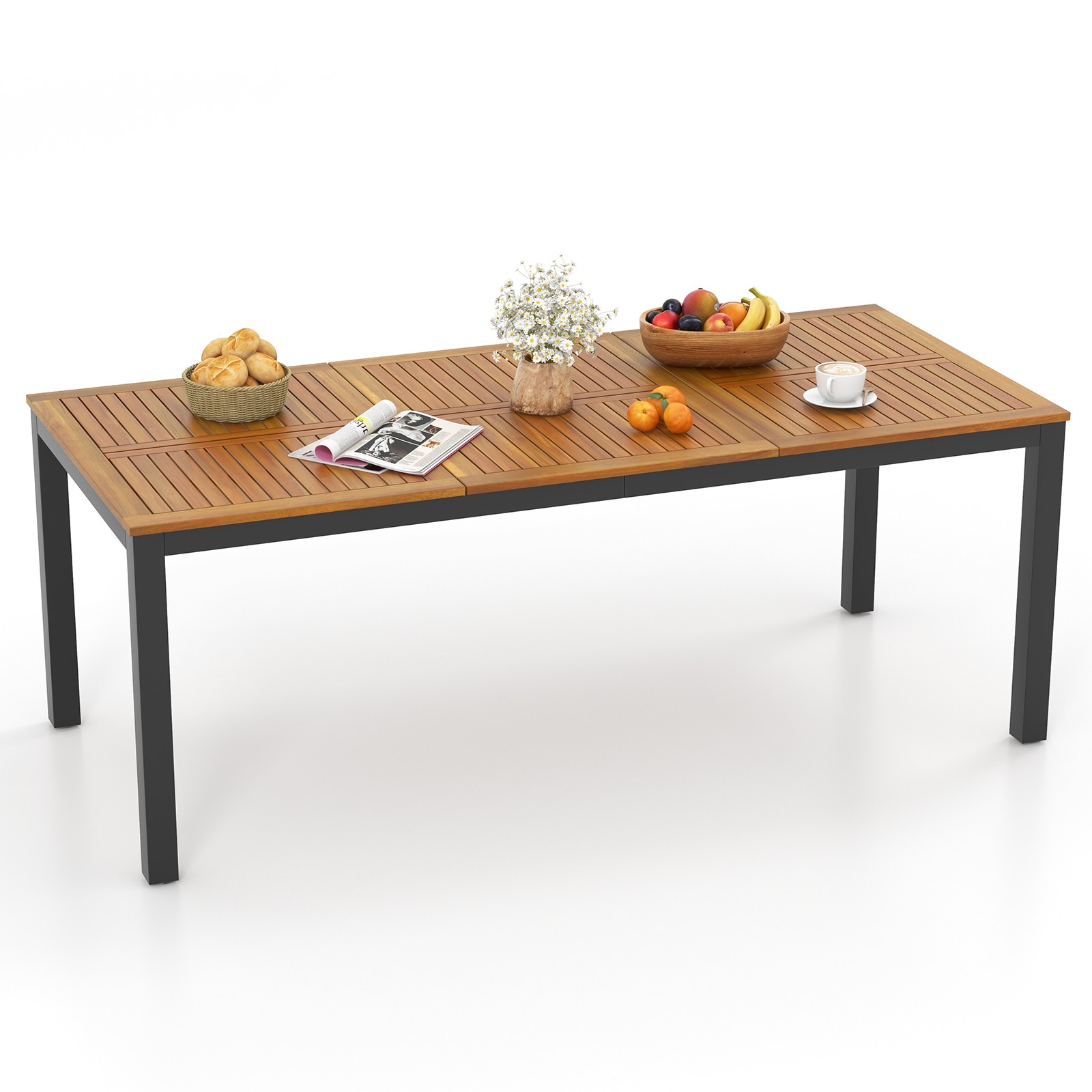 79" Natural Acacia Wood 8-Person Slatted Patio Dining Table with Umbrella Hole