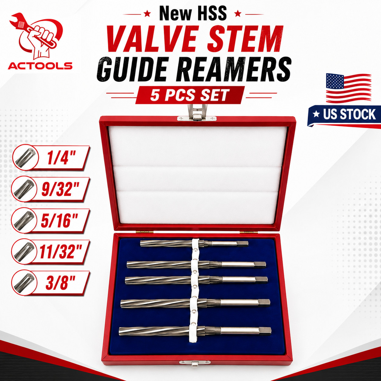 NEW HSS Valve Stem Guide Reamers Set of 5 Pcs 1/4" 9/32" 5/16" 11/32" 3/8"
