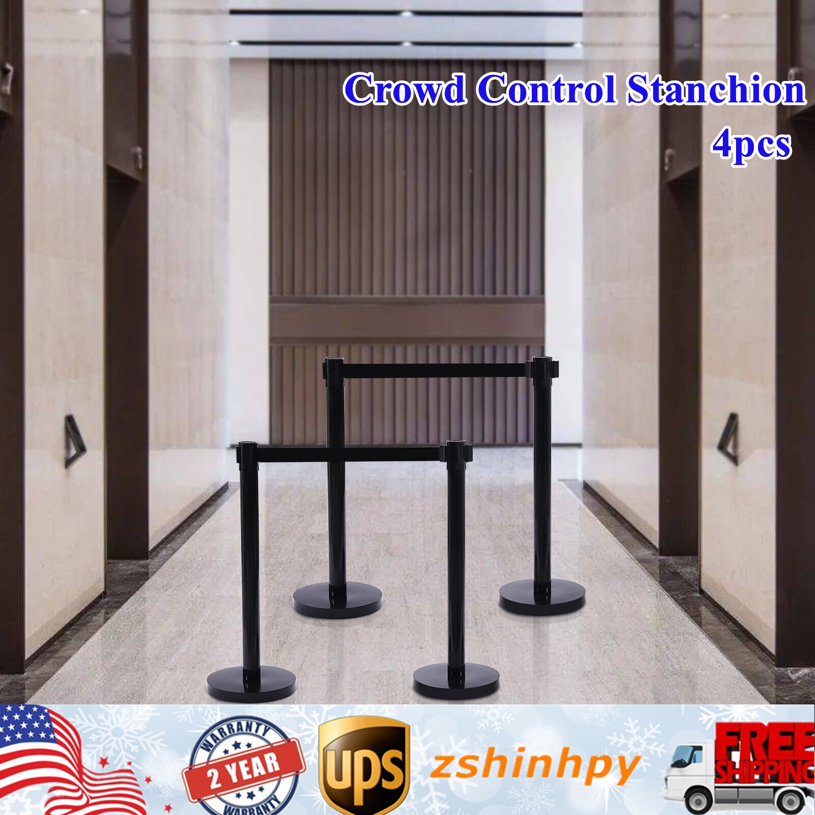 4PCS Crowd Control Stanchion Set Black Isolation Column 201 Stainless Steel Post
