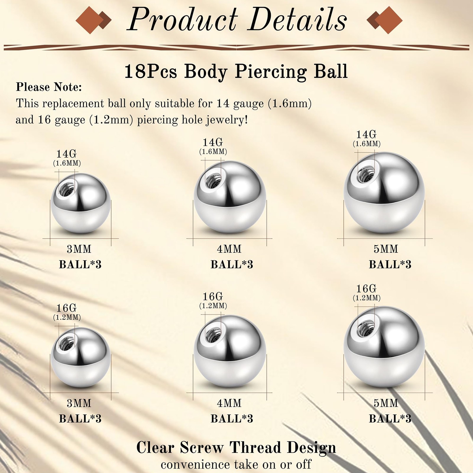 Small Replacement Piercing Balls Grabber 14G+16G Balls, Silver tone