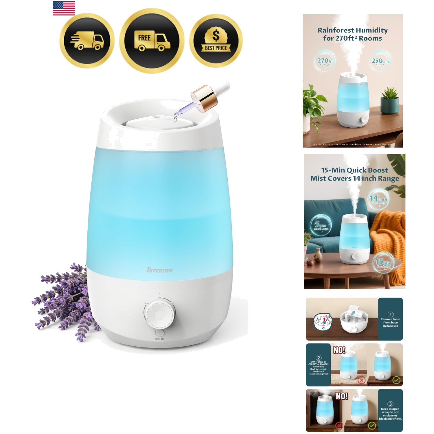 Humidifier with Night Light 2.5L Top Fill Essential Oil Diffuser Mist 25hrs