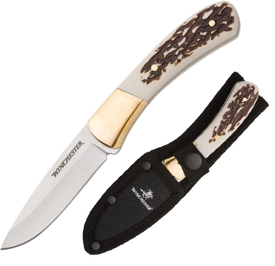 Winchester Fixed Knife 3" Satin Stainless Steel Blade Imitation Stag Handle