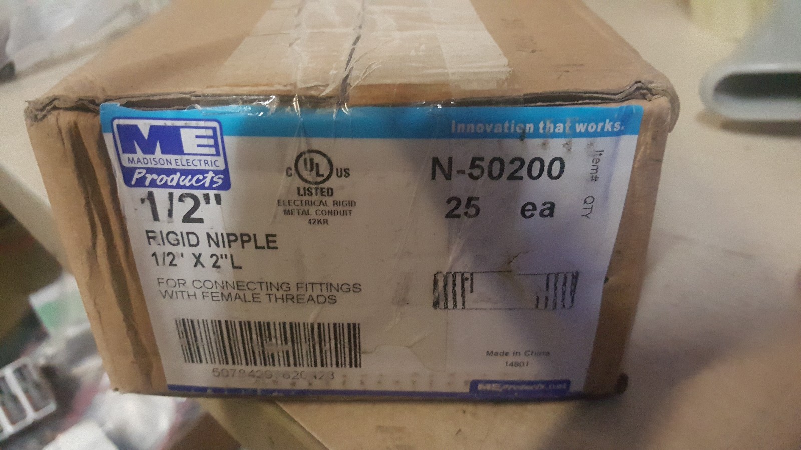Box of 25 New Madison N-50200 Rigid Conduit Nipples; 1/2 Inch x 2 Inch, Threaded