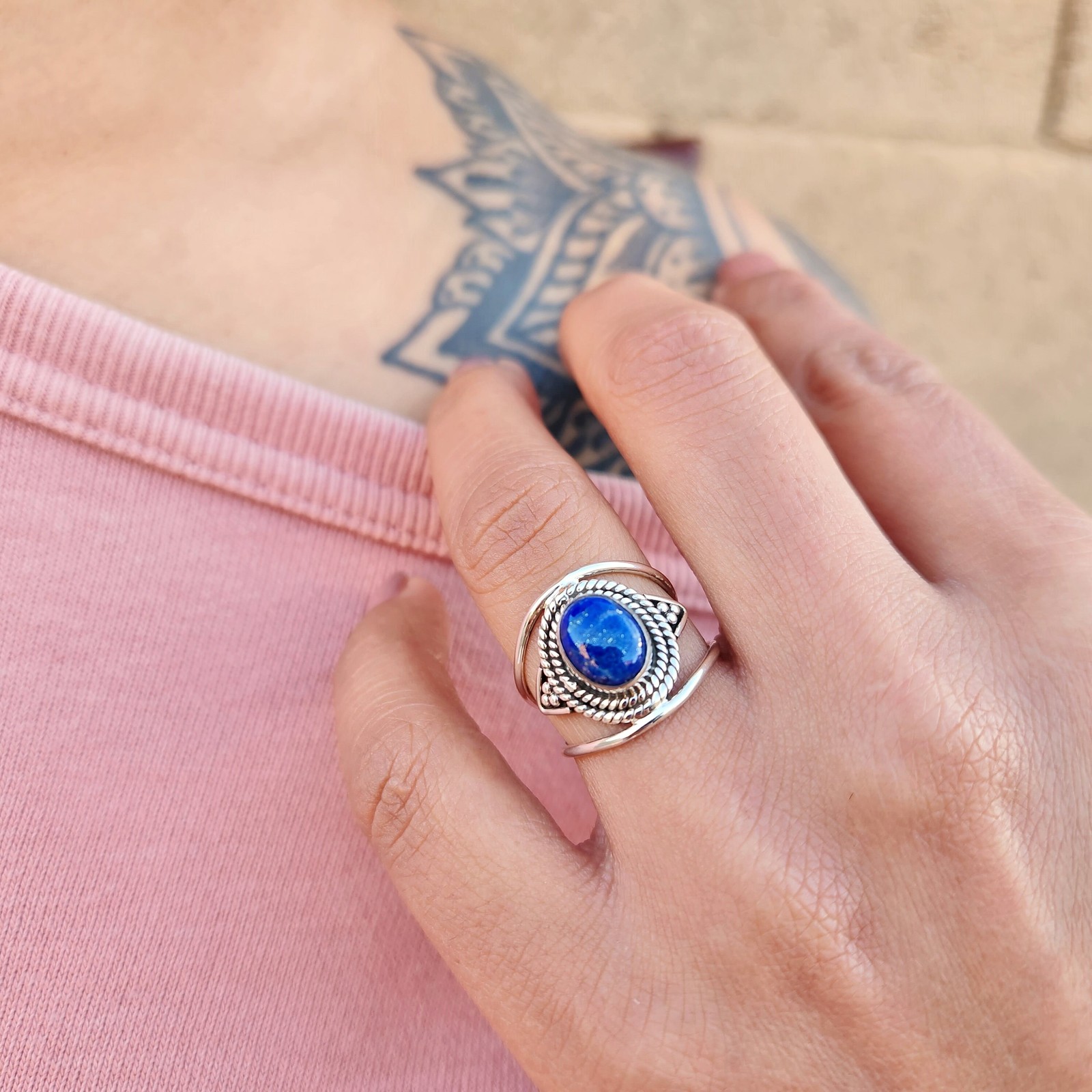 Genuine Lapis Lazuli Ring 925 Sterling Silver Statement Ring Lapis Gemstone Ring