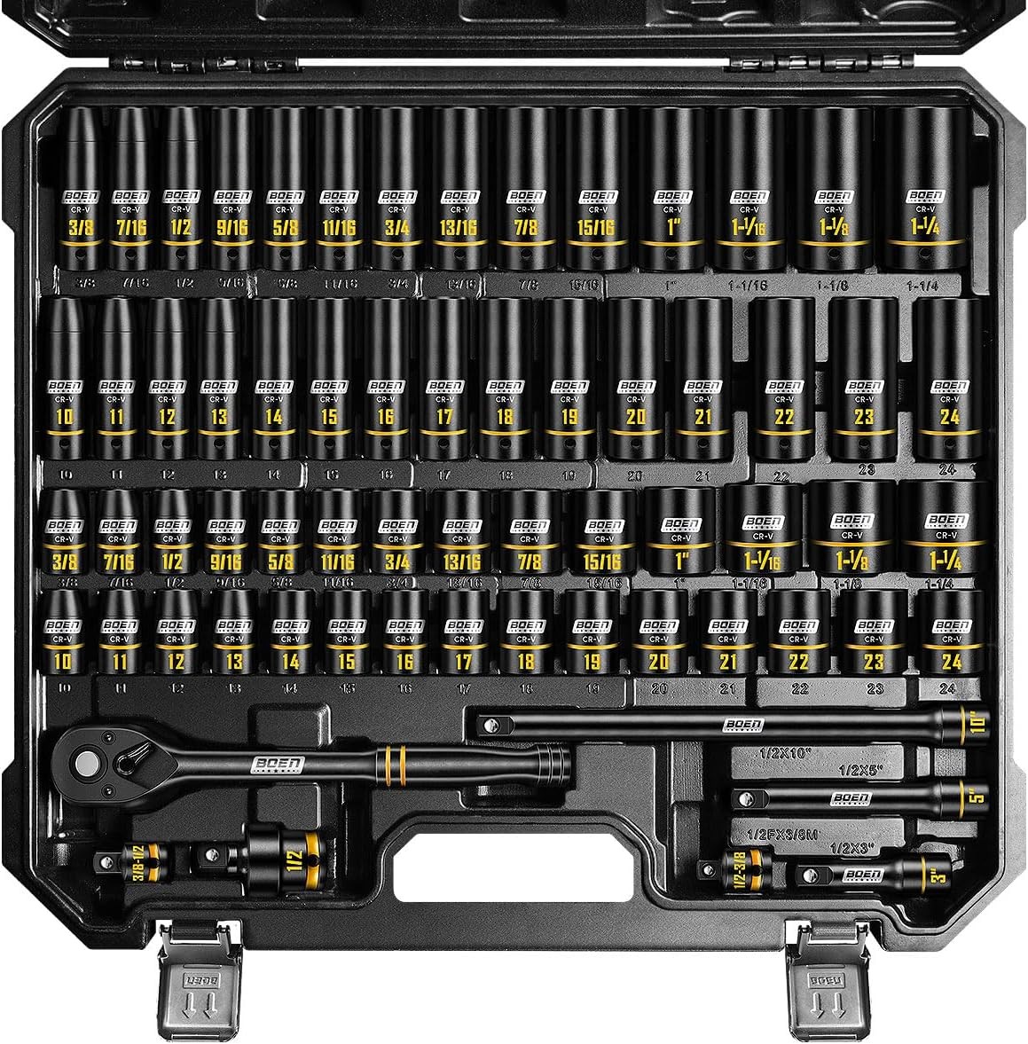 BOEN 1/2" Drive Impact Socket Set, 65-Piece Standard SAE (3/8" to 1-1/4") &