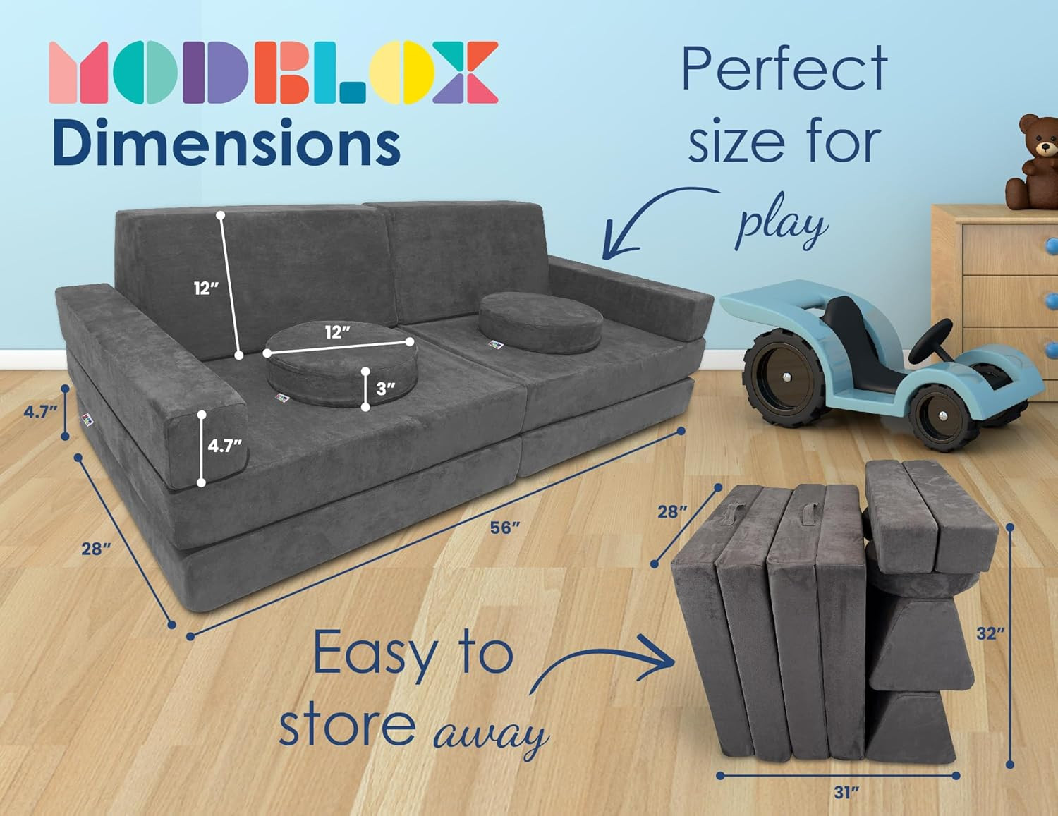 10 Piece Soft Modular Kids Play Couch for Boys and Girls ｜ Child Sectional Fort
