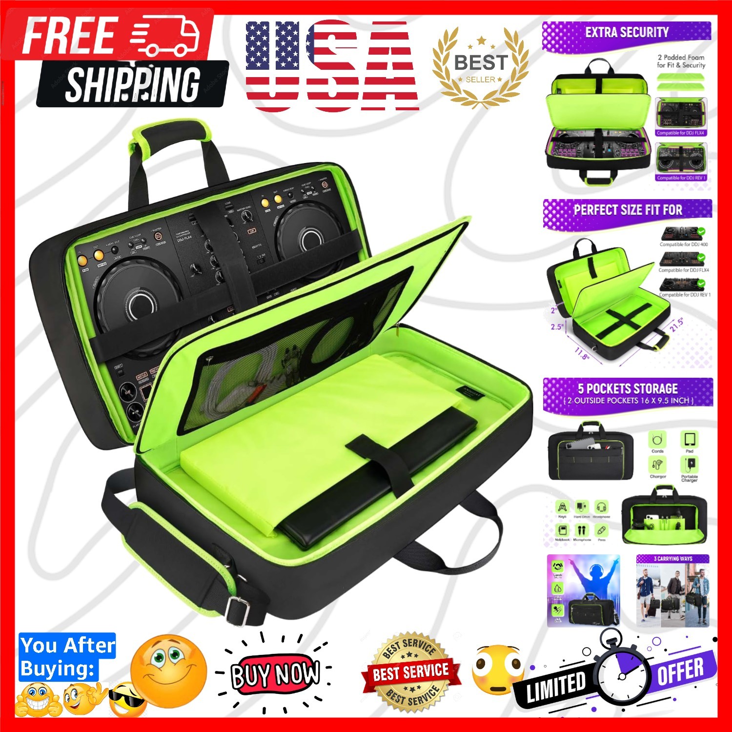 DJ Controller Case for DDJ / DJ 400/ DDJ , Padded DJ Controller Bag with 5 Po...