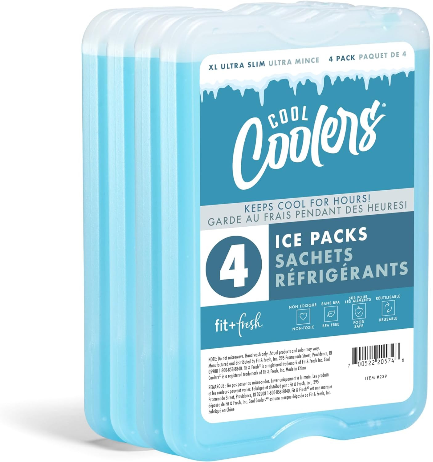 Cool Coolers by Fit & Fresh 4 Pack XL Slim Ice Packs, Quick Freeze Space Saving