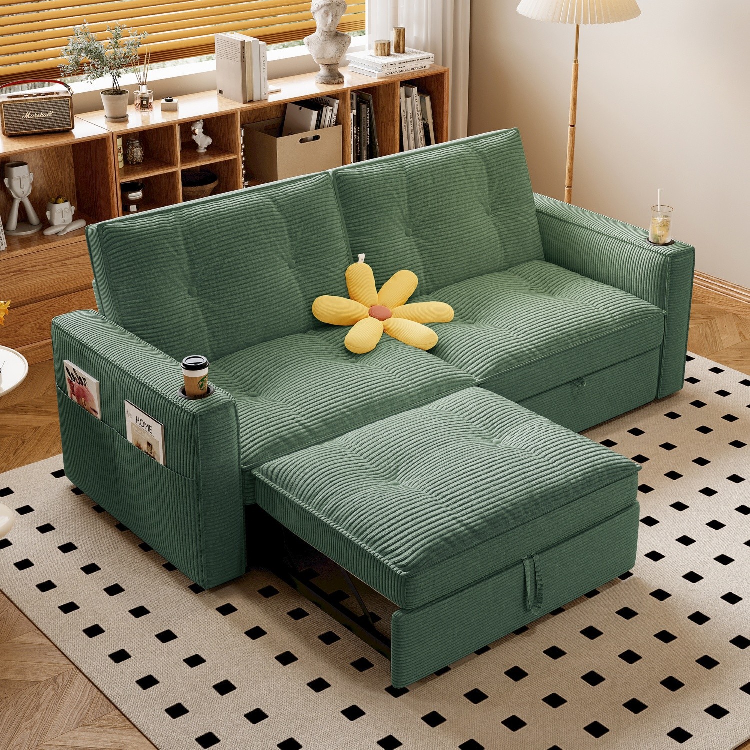 Modern Reclining Loveseat 2in1 Folding Sofa Bed w/ Cup Holders for Small Space