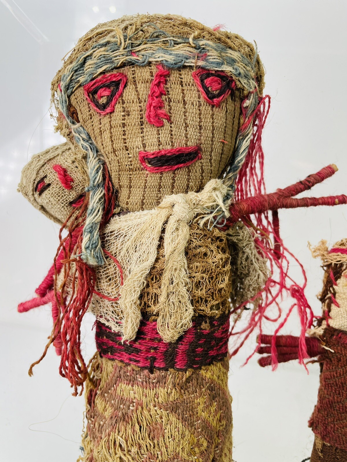 Peruvian Chancay Burial Dolls Funiary Brocade Pink Mounted Plexiglass Box Two