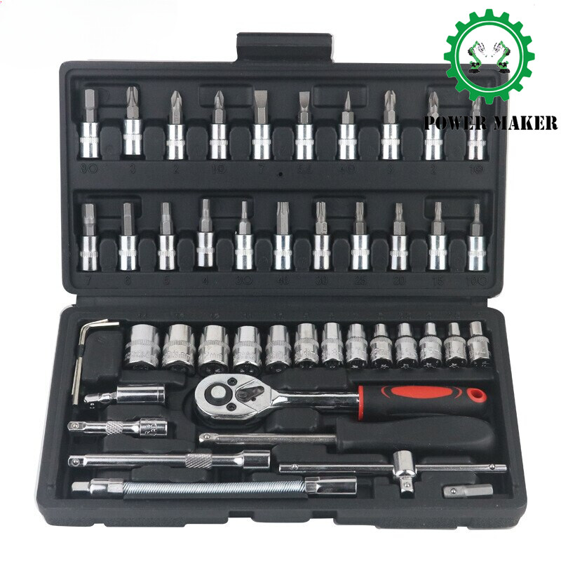 46pcs 1/4-Inch Socket Set Car Repair Tool Ratchet Torque Wrench Combo