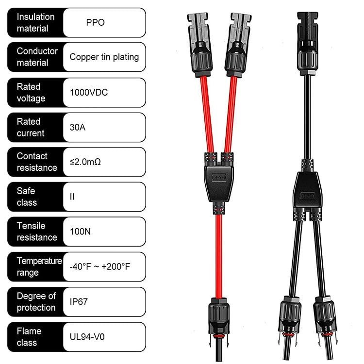 Solar Connectors Y Branch Parallel Adapter 10AWG Cable for Solar Panel (Red & Bl