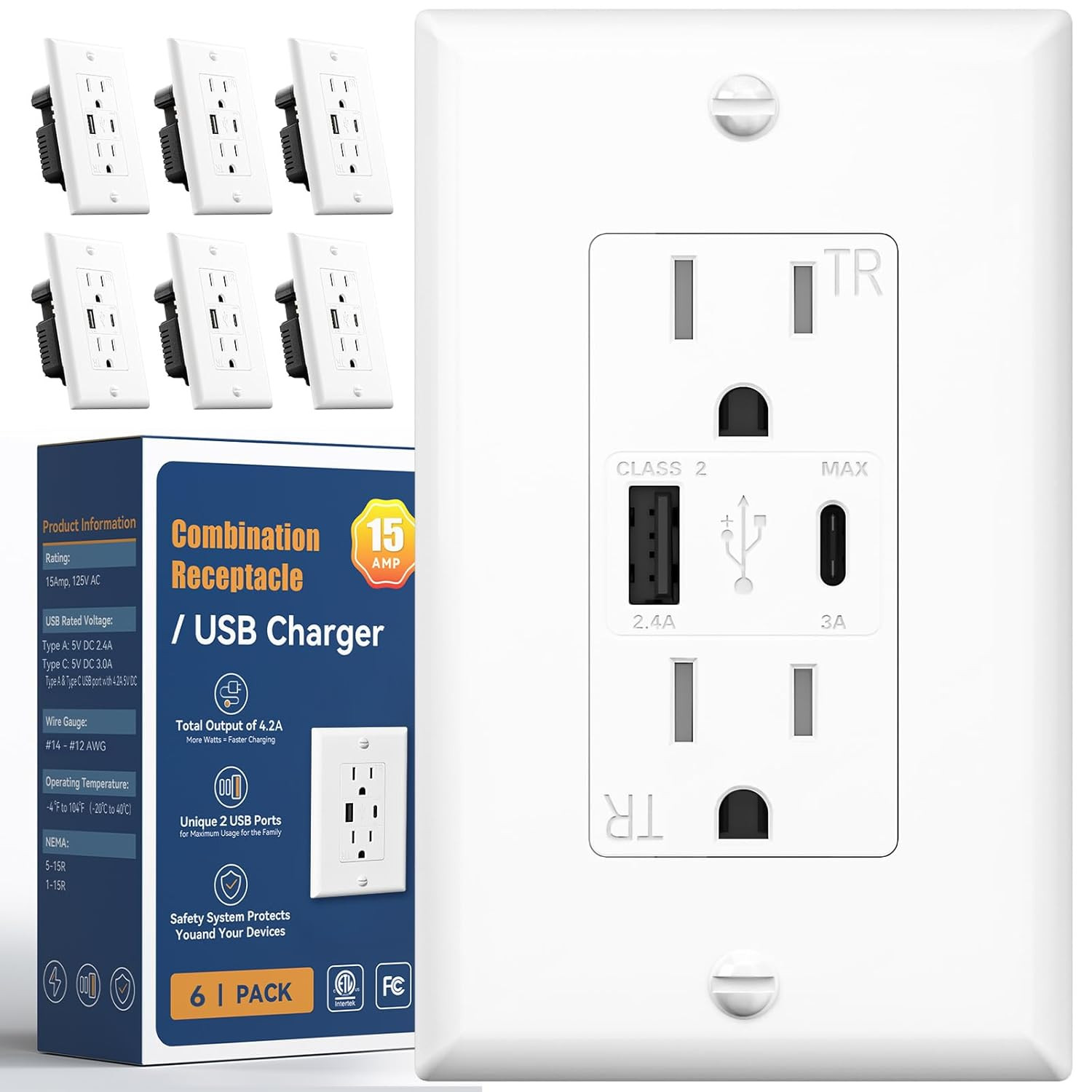 USB Outlet 6 Pack, 2-Port 21W Wall Outlets with 1 Type a & 1 Type C, 15 Amp Rece