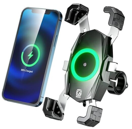 Black Motorcycle Phone Mount with Qi 15W Wireless Charger & USB C 20W Fast Black