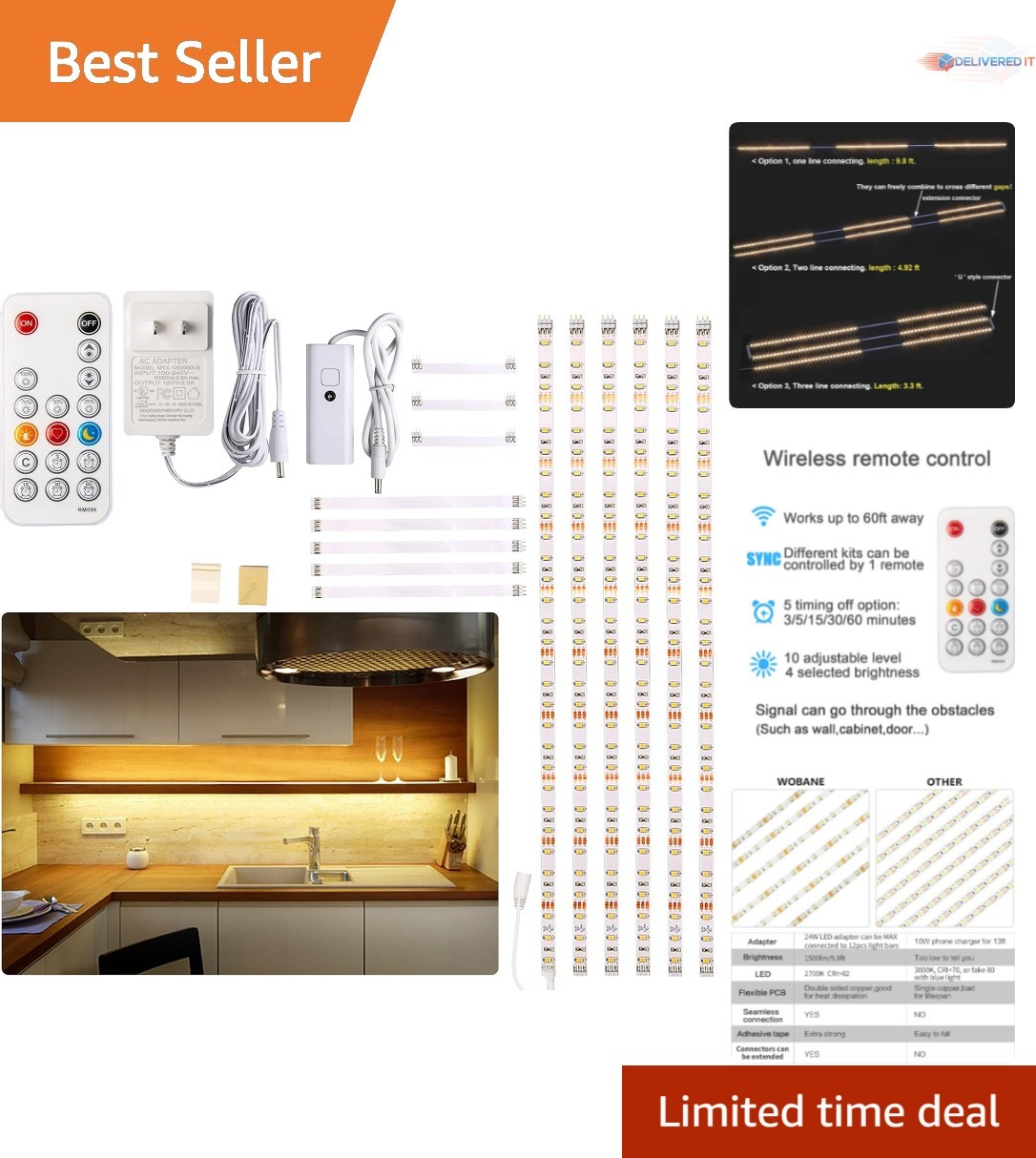 Under Cabinet LED Lighting Kit 6 PCS Dimmable Warm White Remote Control 24W