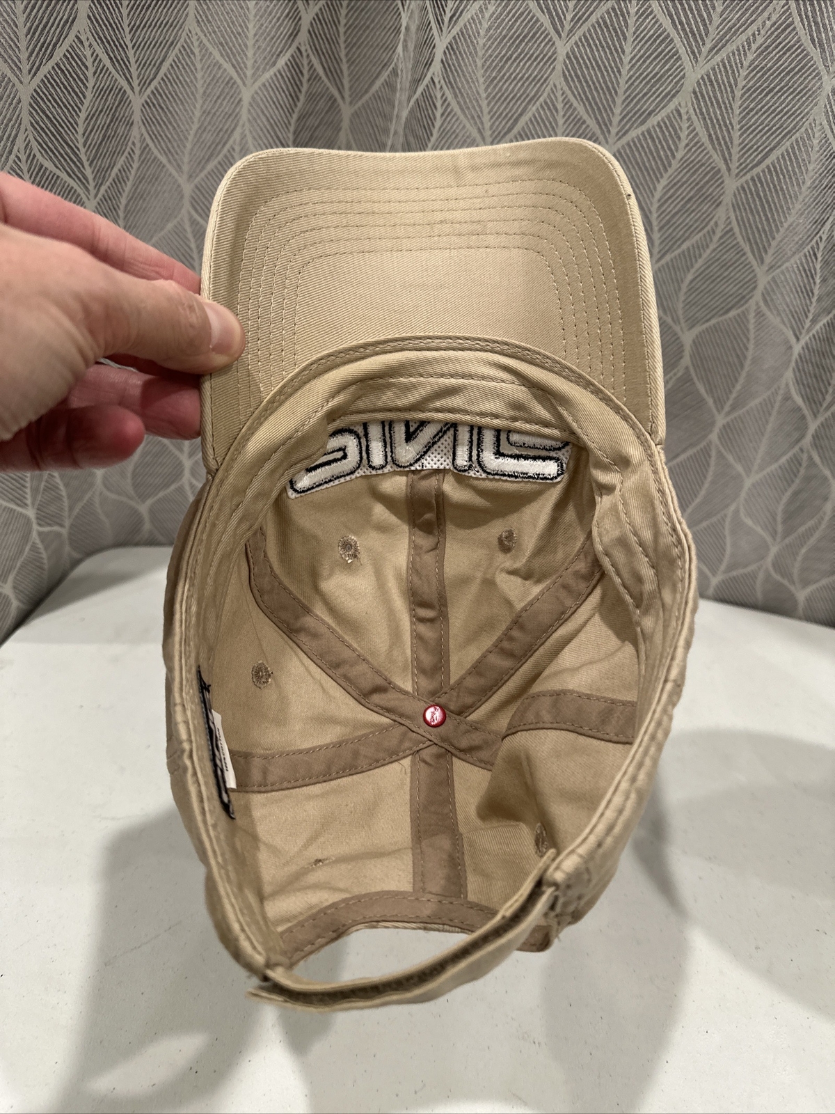 Ping Tan Hook and Loop Strap Hat with White Embroidered Lettering