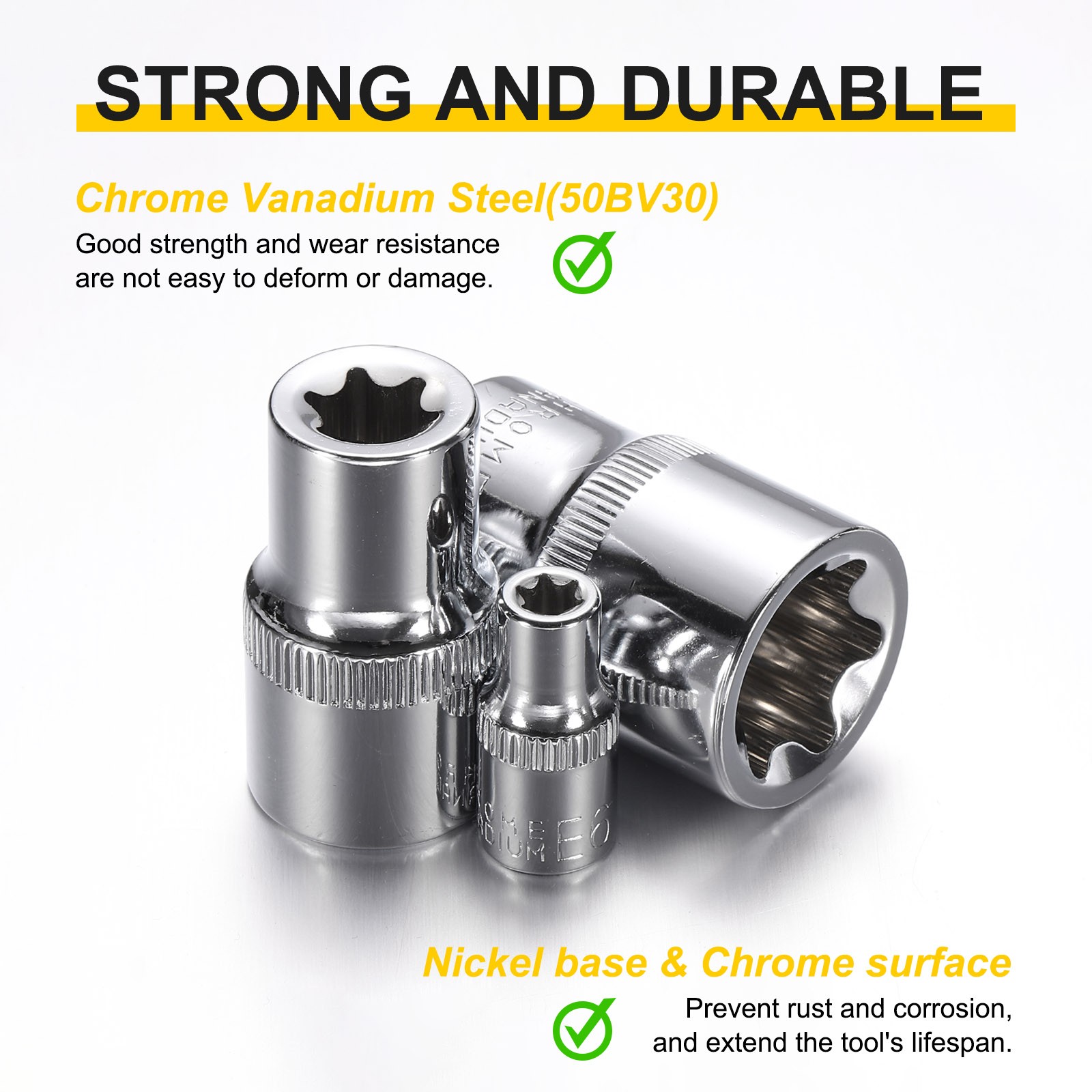 3pcs E-Torx Socket 1/4" Drive E5 Star Socket 1" Length 6 Point Spline Sleeve,