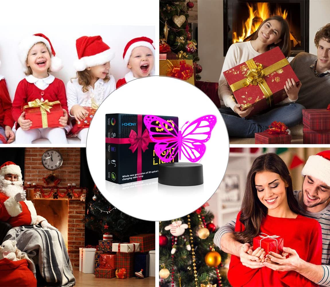 Butterfly 3D Night Light Illusion Lamp Touch Remote 7Color Auto Change USB Cable