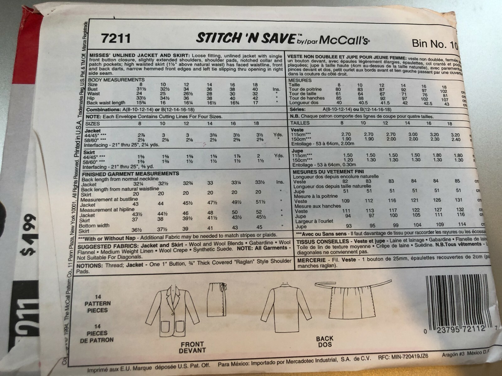 McCalls Pattern 7211 Ms EZ STITCH 'N SAVE Unlined Jacket & Wrap Skirt