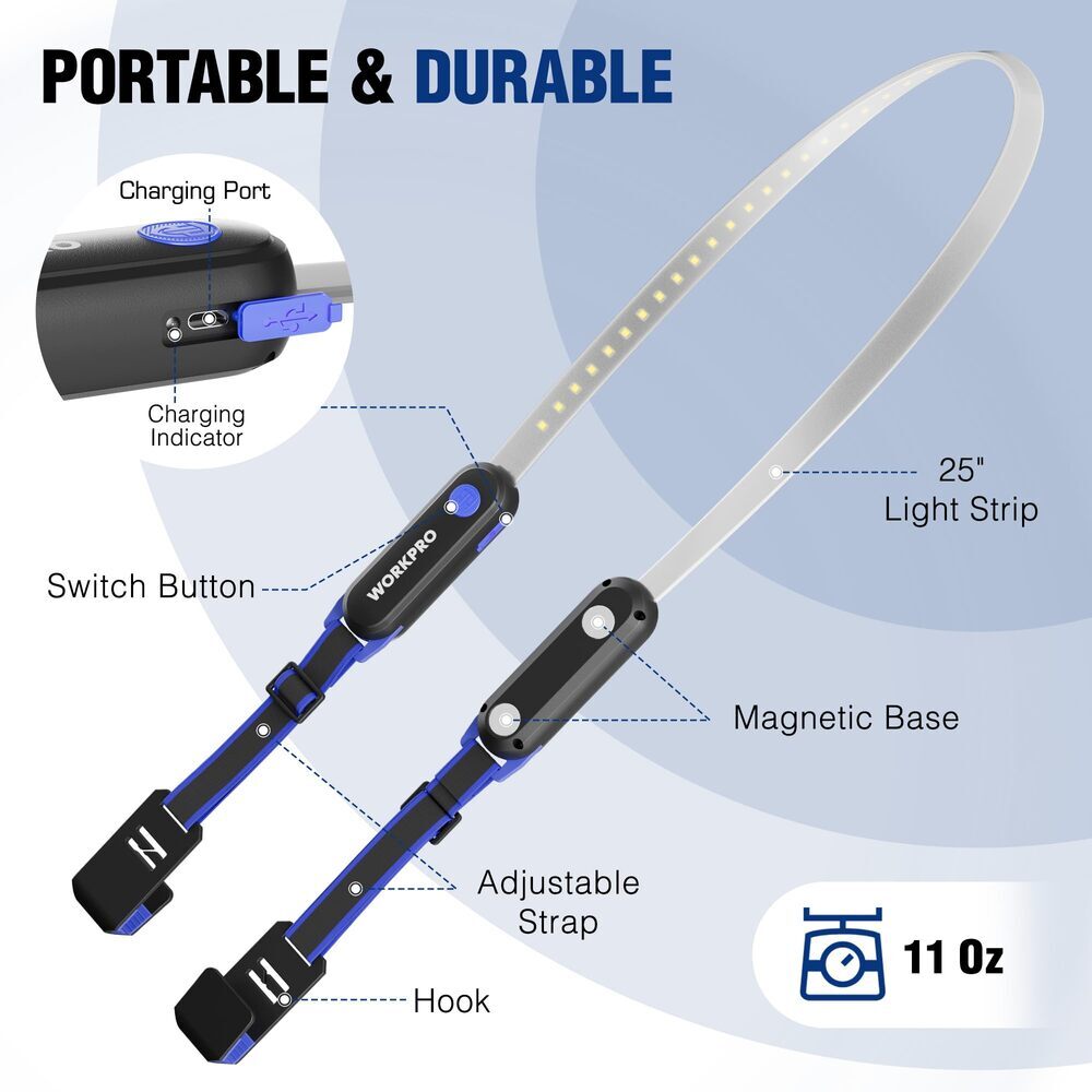 WORKPRO 25" Long Rechargeable Underhood Work Light 3 Lighting Modes For Garage
