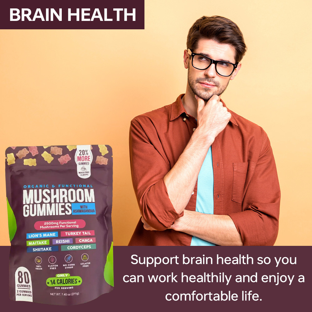 Functional Mushroom Gummies, 2500mg w/Ashwagandha Shiit Blend for Focus Immunity